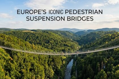 A wide-angle photograph of the Zemplén723 bridge in Hungary, showing the narrow steel walkway spanning a deep green valley in the Zemplén Mountains.