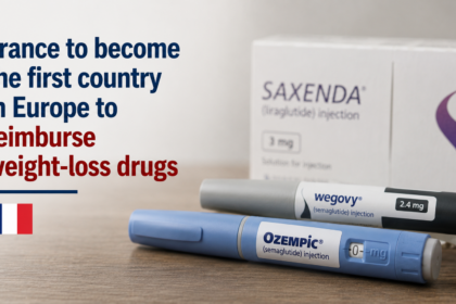 A close-up of a modern pharmaceutical glass vial of a GLP-1 weight-loss medication with a pre-filled injection pen resting on a sterile clinic counter.