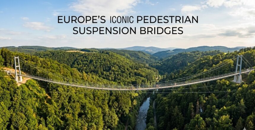A wide-angle photograph of the Zemplén723 bridge in Hungary, showing the narrow steel walkway spanning a deep green valley in the Zemplén Mountains.
