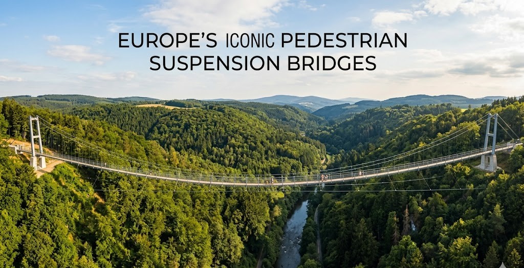 A wide-angle photograph of the Zemplén723 bridge in Hungary, showing the narrow steel walkway spanning a deep green valley in the Zemplén Mountains.