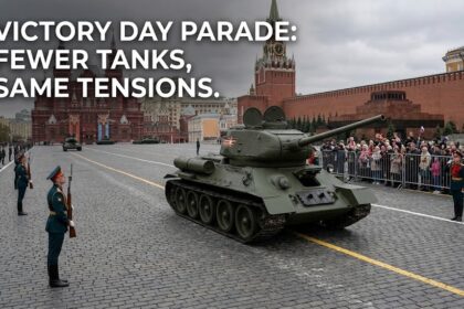 A digital graphic of a starkly empty Red Square with red-bordered warnings of "No Hardware Allowed" and silhouettes of snipers on the Kremlin walls.