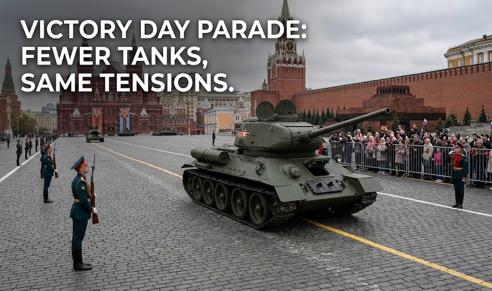 A digital graphic of a starkly empty Red Square with red-bordered warnings of "No Hardware Allowed" and silhouettes of snipers on the Kremlin walls.