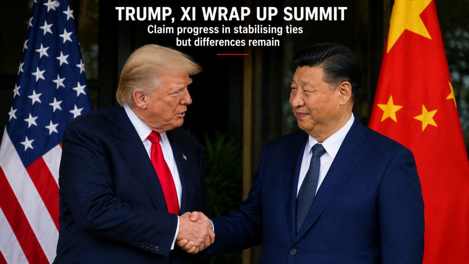 A digital graphic of Presidents Trump and Xi in the Zhongnanhai Garden, overlaid with a technical schematic of a container ship navigating the Strait of Hormuz.