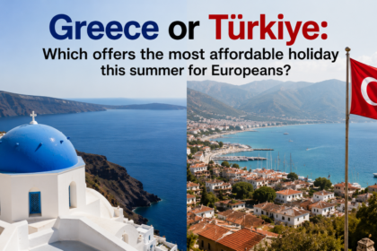 A split-screen comparison showing a serene blue-domed church in Santorini, Greece, next to colorful hot air balloons rising over the landscape of Cappadocia, Türkiye.