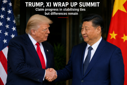 A digital graphic of Presidents Trump and Xi in the Zhongnanhai Garden, overlaid with a technical schematic of a container ship navigating the Strait of Hormuz.