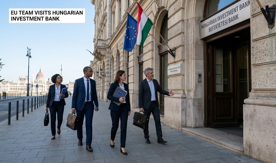 A digital graphic of the Hungarian Parliament building intertwined with European Union financial data streams and an Exim Bank structural overlay.