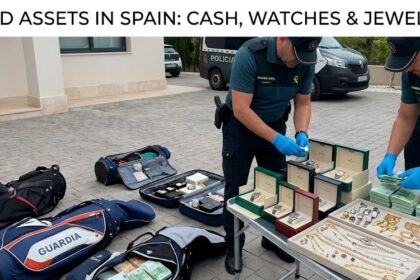 Spanish National Police officers from the UDEF financial crimes unit standing outside a Madrid office building, securing boxes of seized documents and hard drives during the Plus Ultra corruption raids.