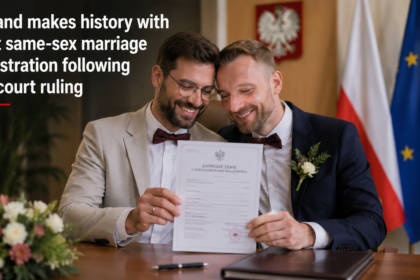 A digital graphic of a Polish marriage registry document overlaid with the European Union flag and a municipal "Approved" transcription stamp.