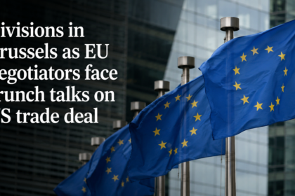 Digital infographic of the EU and US flags with a 15% vs 25% tariff overlay on a stylized European vehicle.