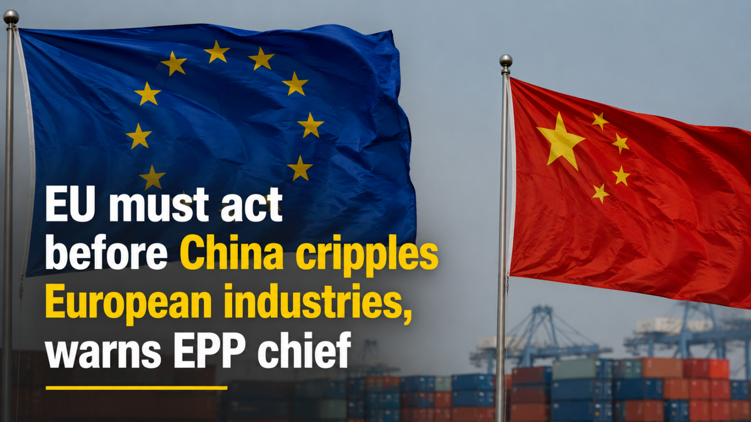 A split-screen composition showing an industrial European manufacturing hub on one side and a modern Chinese logistics port on the other.