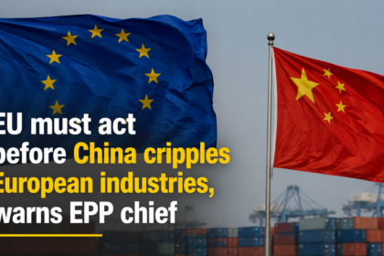 A split-screen composition showing an industrial European manufacturing hub on one side and a modern Chinese logistics port on the other.