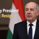Hungarian President Tamás Sulyok in his office, signaling his refusal to bow to PM Péter Magyar's resignation ultimatum.