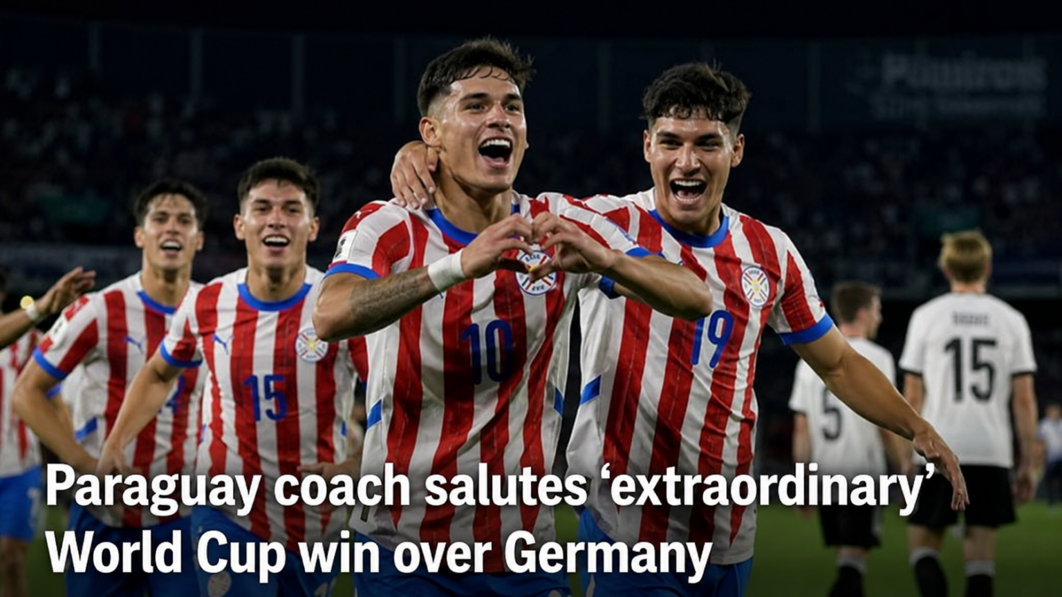 Paraguay's head coach Gustavo Alfaro celebrating after his team's penalty shootout victory against Germany.