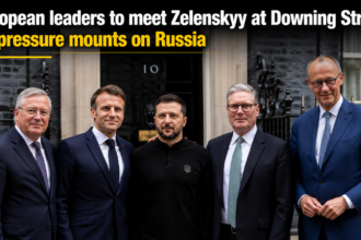 A panoramic view of the Downing Street entrance in London, prepared for high-level diplomatic arrivals.