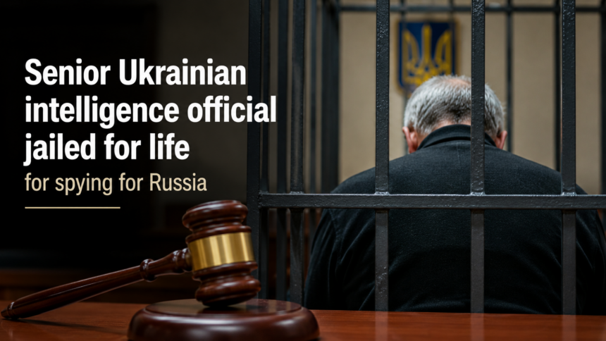 A digital collage featuring the seal of the Security Service of Ukraine (SBU) overlaid on a conceptual courtroom background with binary code themes.