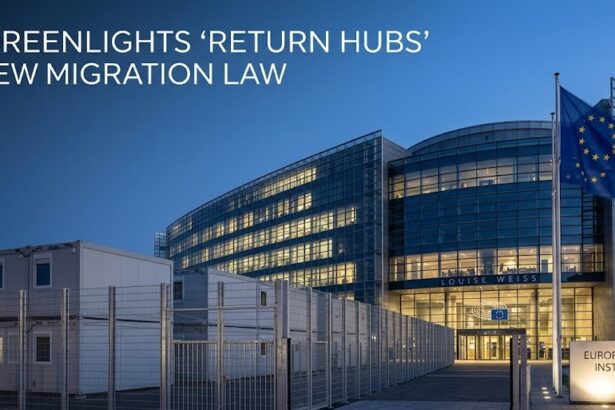 EU Home Affairs Commissioner Magnus Brunner speaking with representatives outside the Council, signaling the finalization of the Return Regulation.