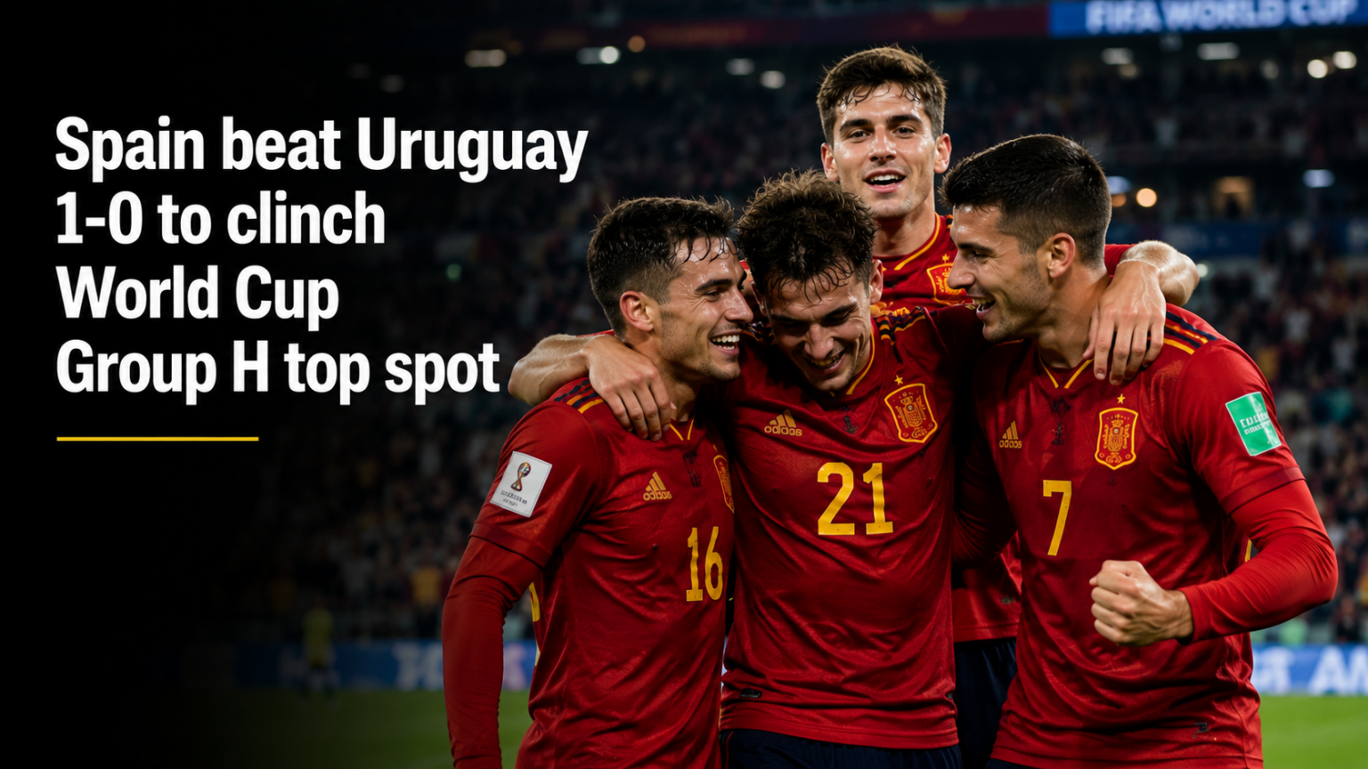 Spain's Alex Baena celebrating with teammates after scoring the winning goal against Uruguay at the 2026 World Cup.