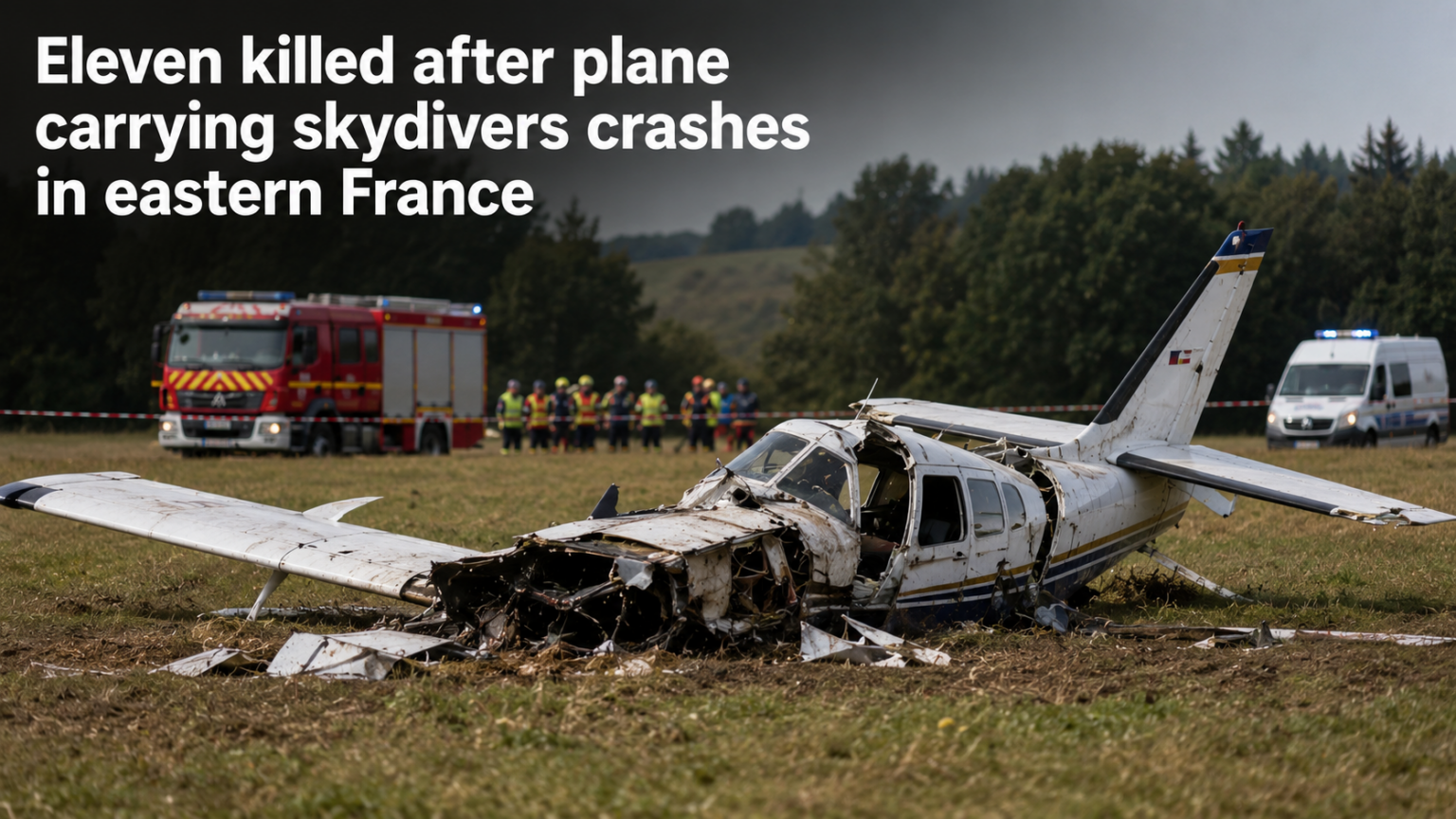 An official image of emergency response units securing the site of the light aircraft crash in Tomblaine, France.