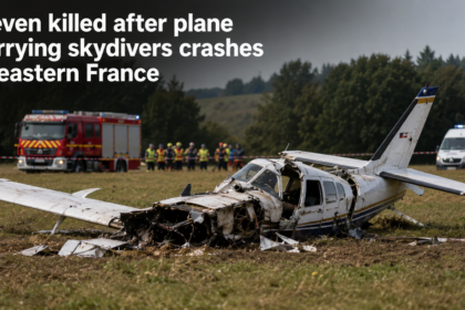 An official image of emergency response units securing the site of the light aircraft crash in Tomblaine, France.