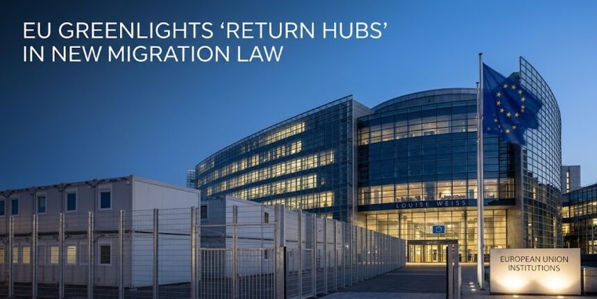 EU Home Affairs Commissioner Magnus Brunner speaking with representatives outside the Council, signaling the finalization of the Return Regulation.