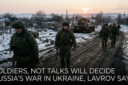 Russian Foreign Minister Sergey Lavrov at a press conference, with a blurred map of the current front lines in Ukraine visible in the background.