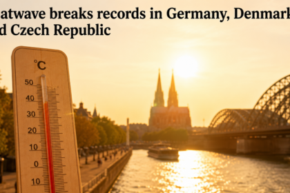 A high-temperature map visualization of Central Europe, highlighting the record-breaking heat zones across Germany, Denmark, and the Czech Republic.