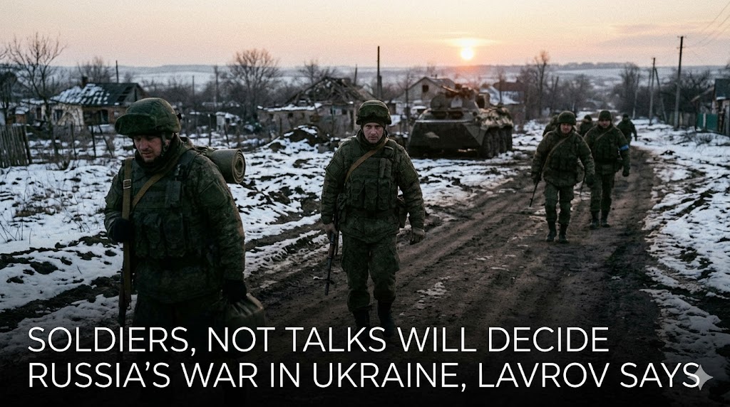 Russian Foreign Minister Sergey Lavrov at a press conference, with a blurred map of the current front lines in Ukraine visible in the background.