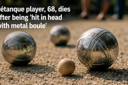 A close-up photograph of several professional hollow steel pétanque boules resting on a coarse gravel court surface under harsh, bright sunlight.