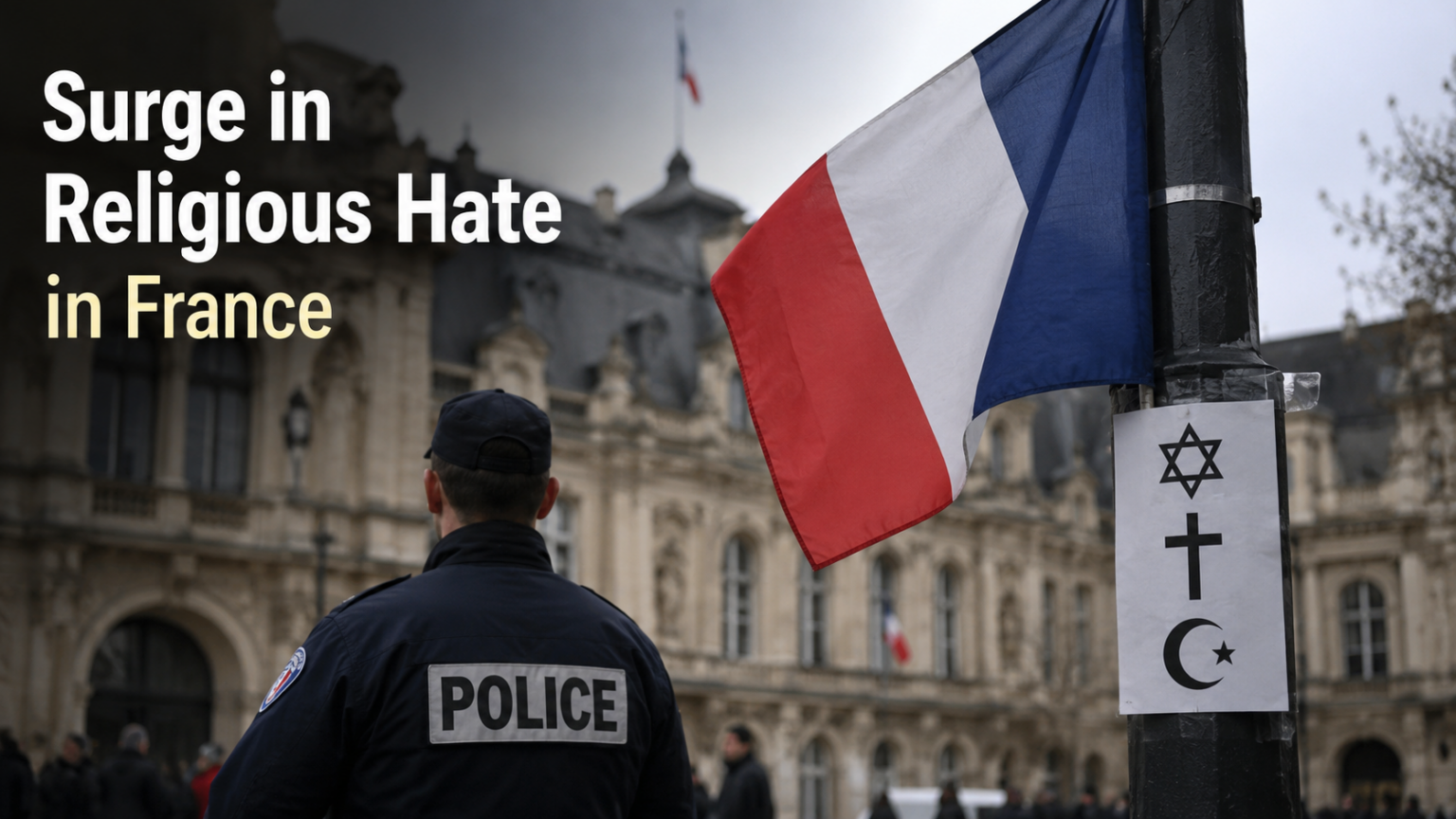 French Interior Minister Laurent Nuñez arriving at the Élysée Palace, signaling a government focus on the rise of hate crimes and religious security.
