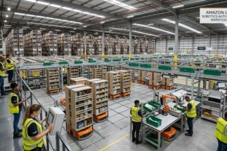 A high-angle view of a modern automated fulfillment center floor with rows of storage pods and sleek mobile drive units navigating lanes.