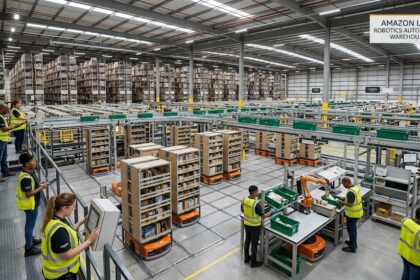 A high-angle view of a modern automated fulfillment center floor with rows of storage pods and sleek mobile drive units navigating lanes.