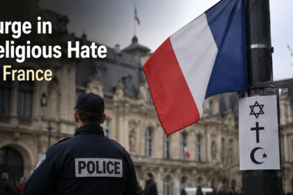 French Interior Minister Laurent Nuñez arriving at the Élysée Palace, signaling a government focus on the rise of hate crimes and religious security.