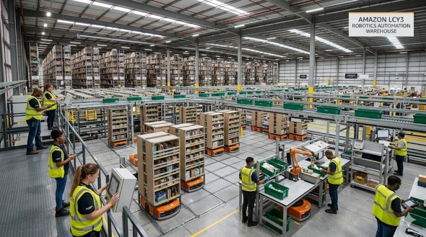 A high-angle view of a modern automated fulfillment center floor with rows of storage pods and sleek mobile drive units navigating lanes.