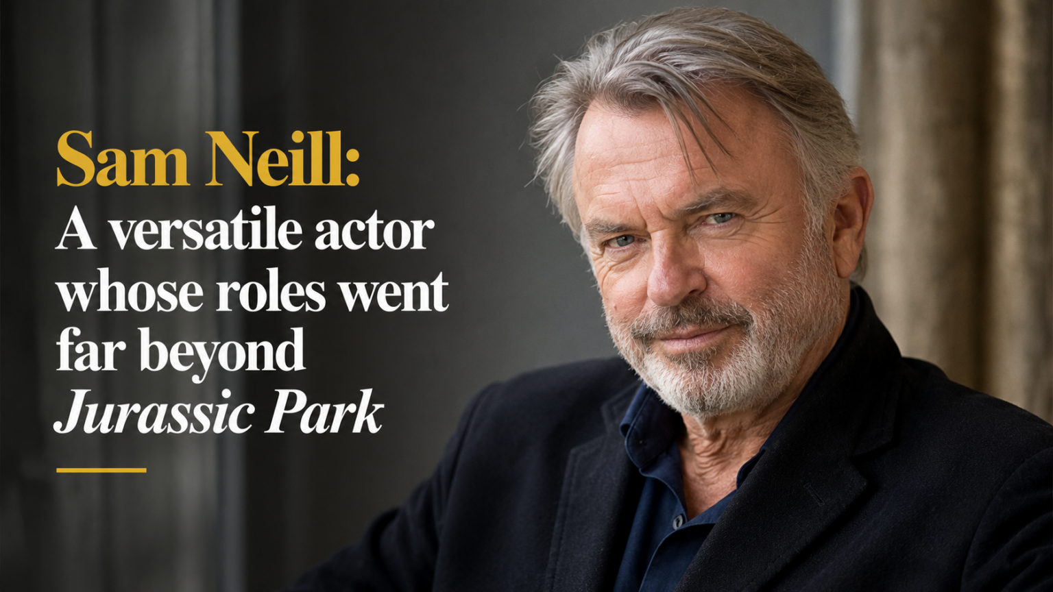 Actor Sam Neill smiling warmly at a film premiere red carpet event.