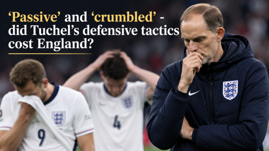England manager Thomas Tuchel speaking to the media at a press conference, looking serious.