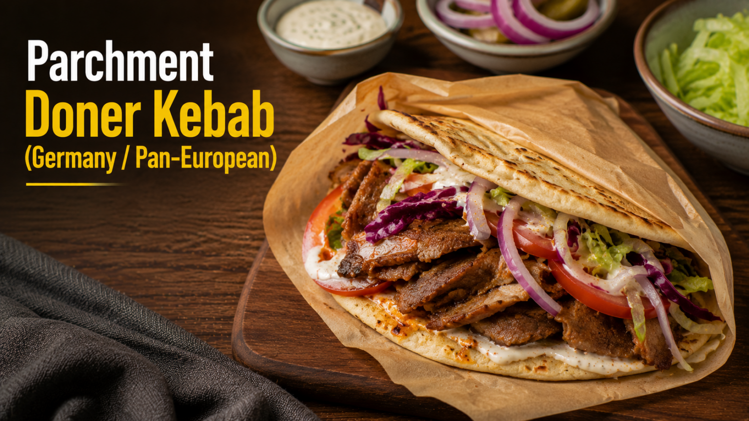 Thin, crispy slices of oven-baked beef doner kebab served with fresh pita, red onions, and tomatoes.