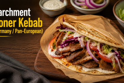 Thin, crispy slices of oven-baked beef doner kebab served with fresh pita, red onions, and tomatoes.