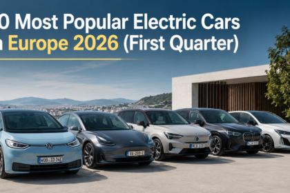 A sleek, modern electric car driving down a scenic European highway.