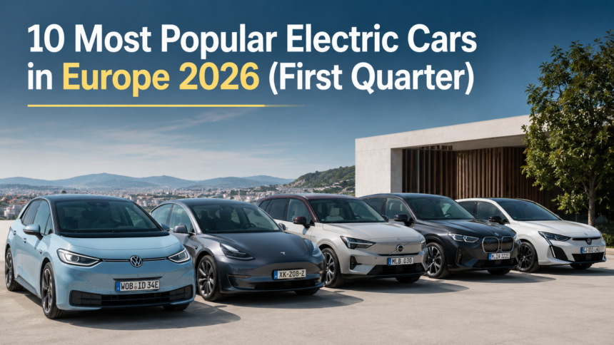 A sleek, modern electric car driving down a scenic European highway.