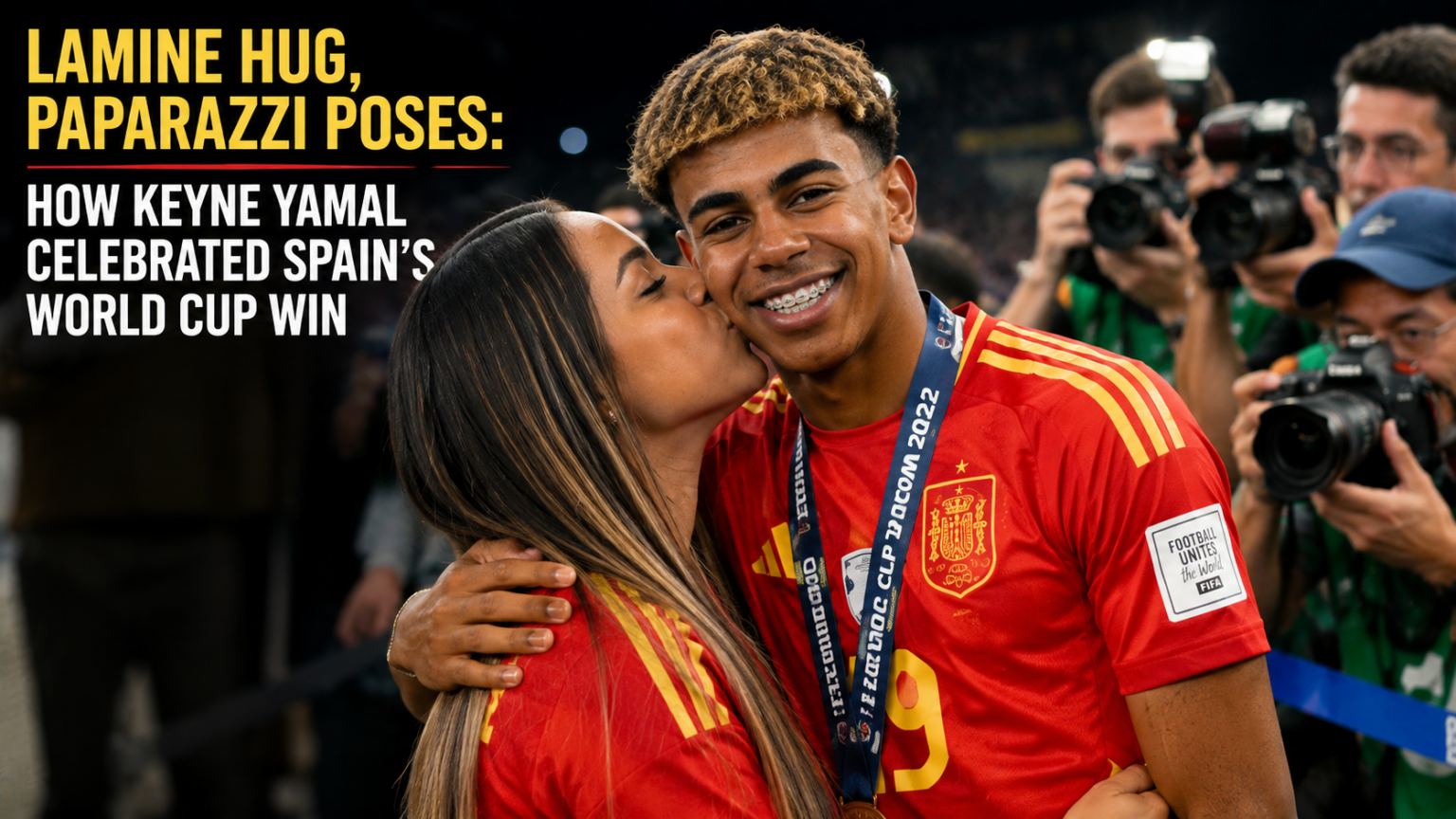 Spain football player Lamine Yamal smiling and hugging his younger brother Keyne on the pitch after the World Cup final.