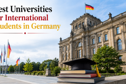 A group of diverse international students walking and talking happily across a historic German university campus on a sunny day.