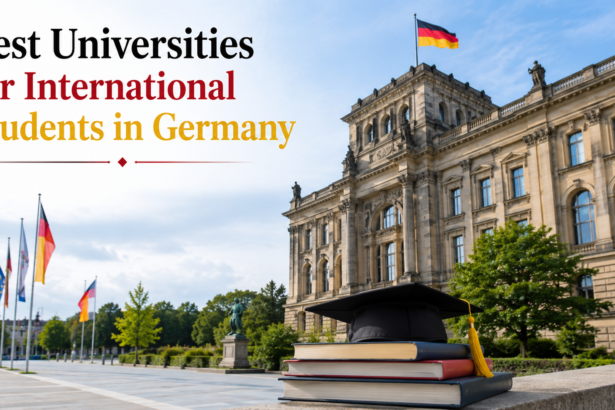 A group of diverse international students walking and talking happily across a historic German university campus on a sunny day.