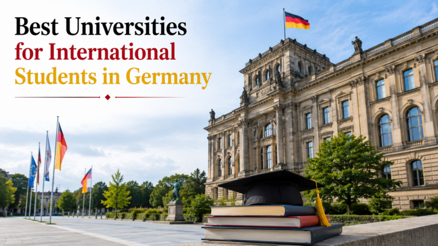 A group of diverse international students walking and talking happily across a historic German university campus on a sunny day.