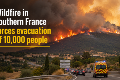 Thick plumes of smoke rising over the French Pyrenees foothills near a residential town.