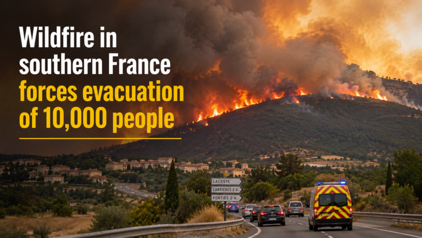 Thick plumes of smoke rising over the French Pyrenees foothills near a residential town.