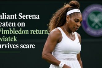 Serena Williams walking onto Centre Court at Wimbledon to a standing ovation from the crowd during the 2026 Championships.