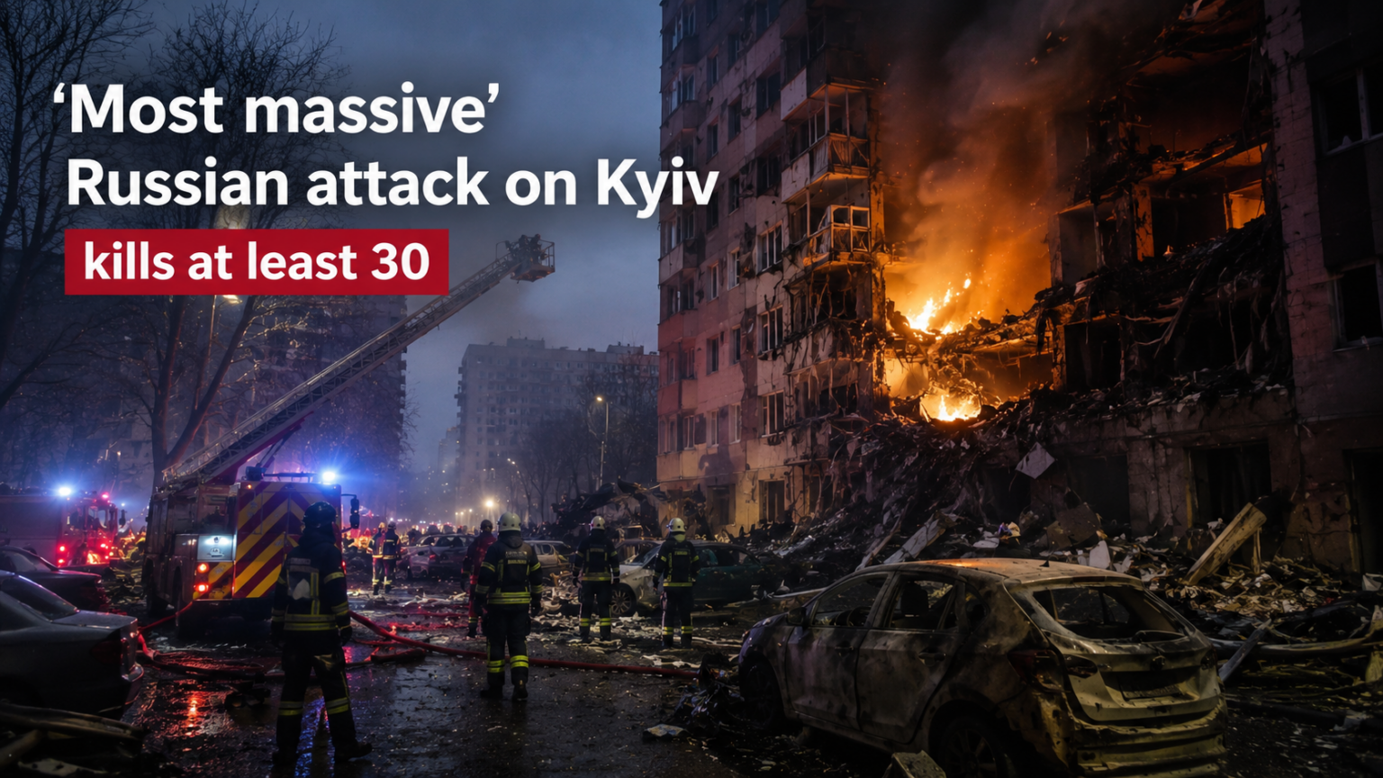 Rescue teams searching through the rubble of a destroyed nine-storey apartment block in Kyiv following Russian airstrikes.