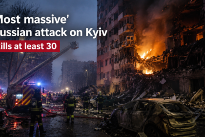 Rescue teams searching through the rubble of a destroyed nine-storey apartment block in Kyiv following Russian airstrikes.