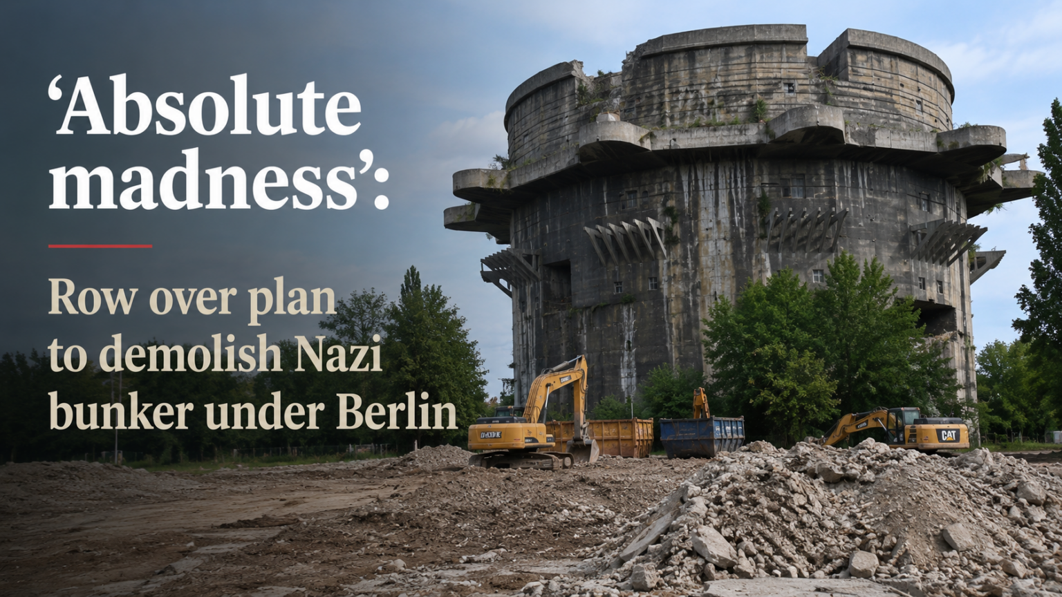 A historical archival photo of General Helmuth Weidling emerging from the bunker in May 1945, set against the backdrop of modern-day Berlin's urban landscape.