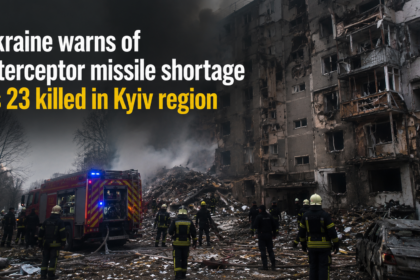 Rescue workers and heavy machinery clearing the rubble of a collapsed residential building in Kyiv following a missile strike.